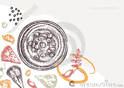 Hummus background. Mediterranean food, ingredients, plants, pita sketches. Vegan food illustration. Hand-drawn hummus in plate, Vector Illustration