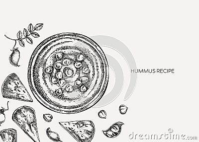 Hummus background. Mediterranean food, ingredients, plants, pita sketches. Vegan food illustration. Hand-drawn hummus in plate, Vector Illustration