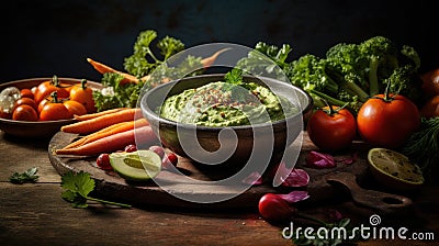 the hummus, vegetable sticks, chickpeas, and olives. Stock Photo