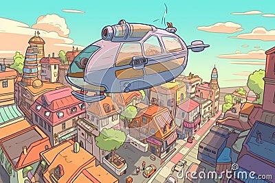 humongous spaceship floating above futuristic city with flying cars and hoverboards in the streets Stock Photo