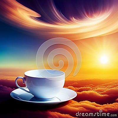 humongous teacup and sauser floating in the sky, surrounded by clouds, abstract, surreal, dreamlike Stock Photo