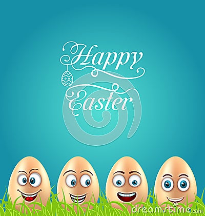 Humor Easter Card with Crazy Eggs on Grass Meadow Vector Illustration