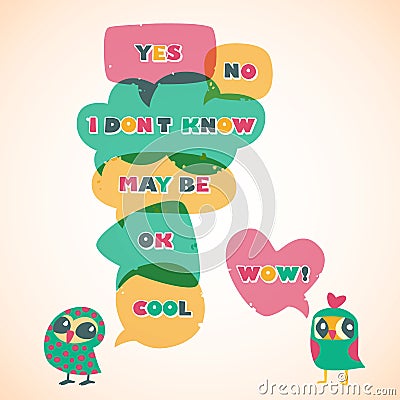 Humor speech bubbles with owls. Different sizes and forms. Vector Illustration