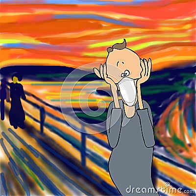 Humorous parody of the scream painting by Edvard Munch wearing a face mask. Stock Photo
