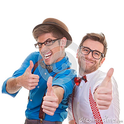 Humour, business men with thumbs up for success Stock Photo