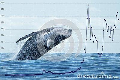 Breaching whale with stock market money cripto value bitcoin diagram flowchart Stock Photo