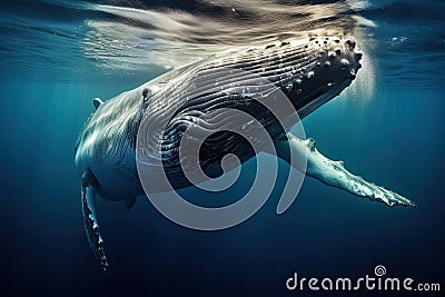 Humpback whale in the deep blue ocean. 3d rendering, Humpback whale underwater in the Caribbean, AI Generated Stock Photo