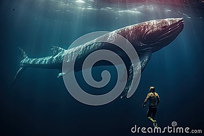 Humpback whale in the deep blue ocean. This image is a 3d render illustration, Sperm whale next to a Freediver, AI Generated Cartoon Illustration