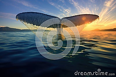 humpback whale tail fluke visible above bubble net Stock Photo