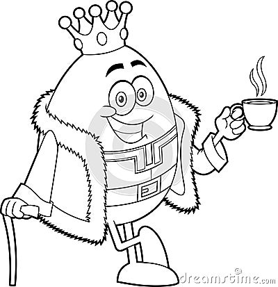 Outlined Smiling Humpty Dumpty King Egg Cartoon Character Drinking Coffee Vector Illustration