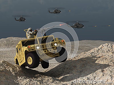 Humvee and helicopters in combat Stock Photo