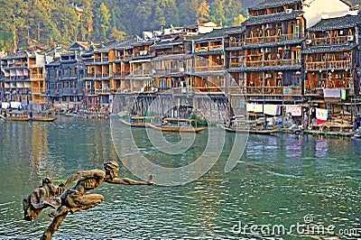 Old architectural houses called Diaojiaolou build along Tuojiang river. Fenghuang ancient town was added to the Unesco World Herit Editorial Stock Photo