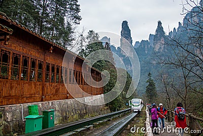 Hunan Zhangjiajie National Forest Park Jinbian Creek Shilihualang `small train` Editorial Stock Photo