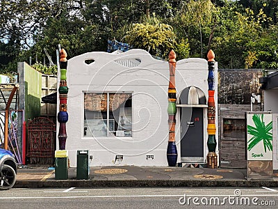 Hundertwasser-styled building on the main street of the small town of Kawakawa in te Northland region of New Zealand Editorial Stock Photo