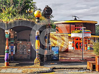 Hundertwasser's public toilet and library in the small town of Kawakawa in the Northland region of New Zealand Editorial Stock Photo