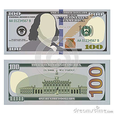 Hundred dollar bill, new design on both sides. 100 US dollars banknote, from front and reverse side. Vector illustration Vector Illustration