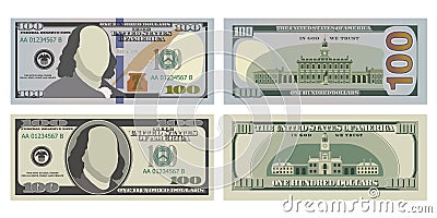 Hundred dollar bills in new and old design from both sides. 100 US dollars banknote, from front and reverse side. Vector Vector Illustration