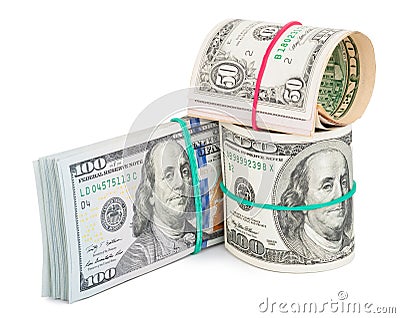 Hundred dollar bills rolled up with rubberband Stock Photo