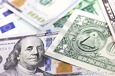 Hundred dollars, euro banknotes and one dollar Stock Photo