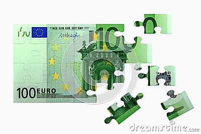 Hundred euro banknote jigsaw puzzle on white background Stock Photo