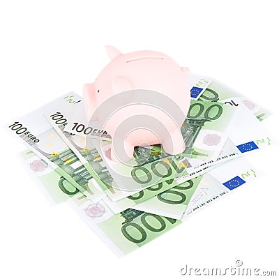 Hundred euro banknotes and coinbank Stock Photo