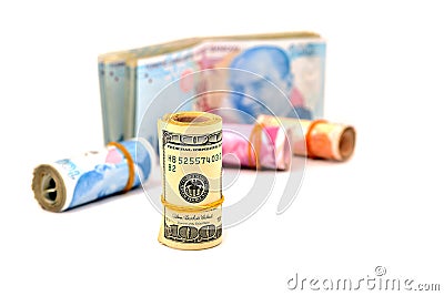 hundred and two hundred Turkish Lira and dollars on white background Stock Photo