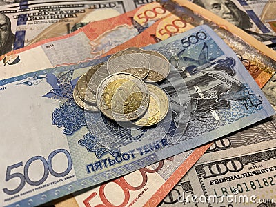 Hundreds dollars and Kazakhstani tenge in the center. Dollars and tenge close up photo. Cartoon Illustration