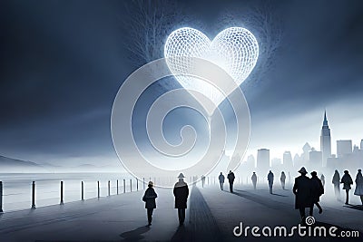 Hundreds Of People Walking Towards A Large Love Heart In The Mist. Generative AI Stock Photo