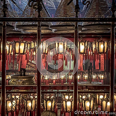 Red and Yellow Lanterns in Man Mo Temple Hong Kong Editorial Stock Photo