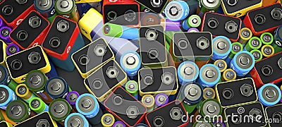 Hundreds of used batteries of different types Cartoon Illustration