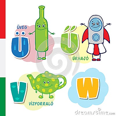 Hungarian alphabet. Bottle, Spacecraft, Maker. Vector letters and characters. Vector Illustration