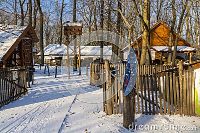 Hungarian banyard exhibit in Szeged Zoo in winter Editorial Stock Photo
