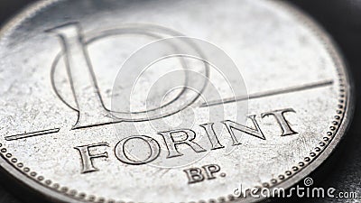 Hungarian coin of 10 forints lies on textured surface close up. Money of Hungary. News about economy or banking. Loan and credit. Cartoon Illustration