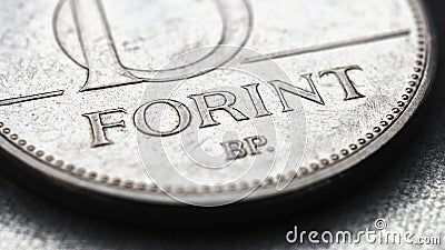 Hungarian coin of 10 forints lies on textured surface close-up. Money of Hungary. News about economy or finance. Loan and credit. Cartoon Illustration