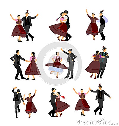 Hungarian csardas folk dancer couples in love, vector illustration. German folklore Oktoberfest actors. Vector Illustration