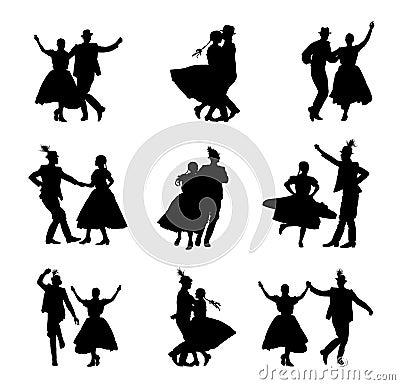 Hungarian csardas folk dancer couples in love, vector silhouette. German folklore Oktoberfest actors. Vector Illustration