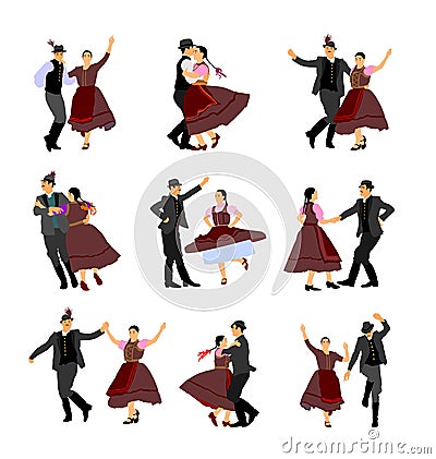 Hungarian csardas folk dancers couple in love vector sillustration. Germany folklore October fest actors. Vector Illustration