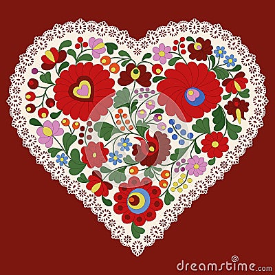 Hungarian embroidery heart with lace edge Vector Illustration