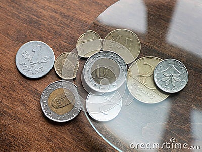 Hungarian forint coins under magnifying glass on a wooden table. Local currencies Stock Photo
