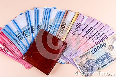 Hungarian HUF banknotes spread out and leather wallet on a yellow background. Stock Photo