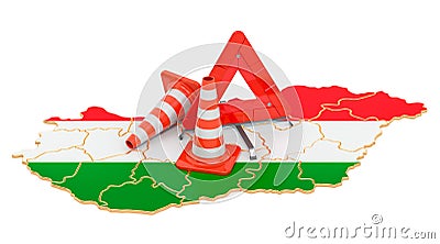 Hungarian map with traffic cones and warning triangle, 3D rendering Stock Photo