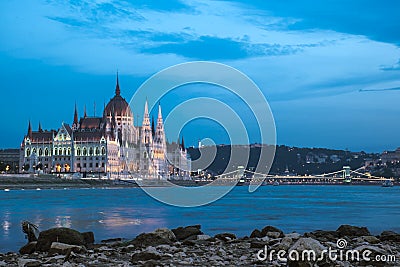 HUNGARIAN PARLIAMENT AT BLUE HOUR, BUDAPEST. Stock Photo