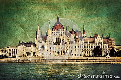 Hungarian parliament in Budapest, Hungary. Retro Stock Photo