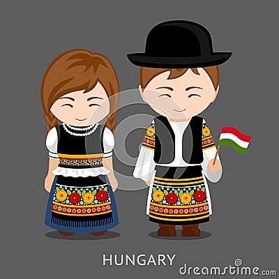 Hungarians in national dress with a flag. Vector Illustration