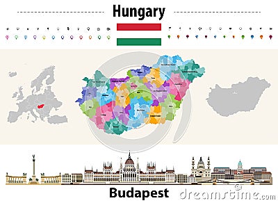 Hungary administrative divisions map. Flag of Hungary. Budapest cityscape. Vector illustration Vector Illustration