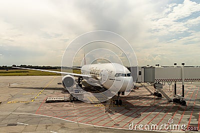 HUNGARY, BUDAPEST - CIRCA 2019: Emirates Airline Airplane getting ready for takeoff at Budapest airport, cargo and passengers Editorial Stock Photo