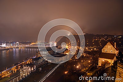 Hungary, Budapest, Elisabeth Bridge, Castle Garden , Varkert casino, Citadella on the hill and Gate in the Castle Buda by night Stock Photo