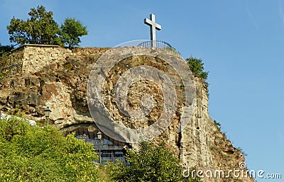 Hungary, Budapest, Gellert Hill, cross near the Cave Church Stock Photo