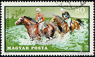 HUNGARY - CIRCA 1971: stamp 80 Hungarian filler printed by Hungary, shows Horses (Equus ferus caballus) fording River Editorial Stock Photo