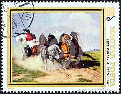 HUNGARY - CIRCA 1979: A stamp printed in Hungary from the `Animal Paintings` issue shows Coach and Five Karoly Lotz, circa 1979. Editorial Stock Photo